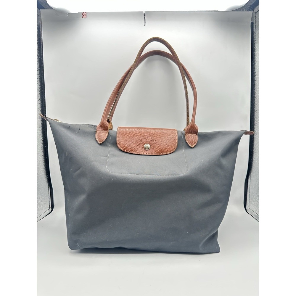 Longchamp Le Pliage Travel Tote Bag Gray Nylon Brown Leather Handles